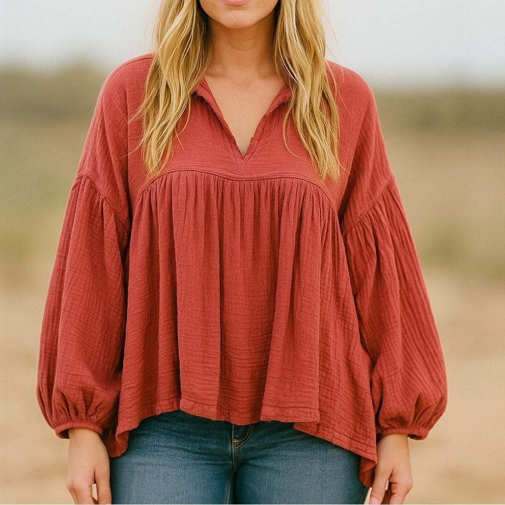 The Impeccable Pig Crinkle Cotton Babydoll Rust Bohemian Oversized Top M